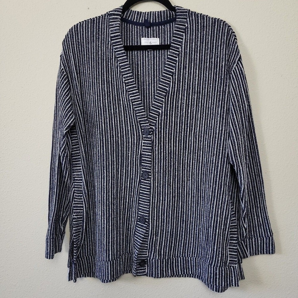 Lou &‎ Grey Womens Black White Striped Long Sleeve Cardigan Sweater Size Medium